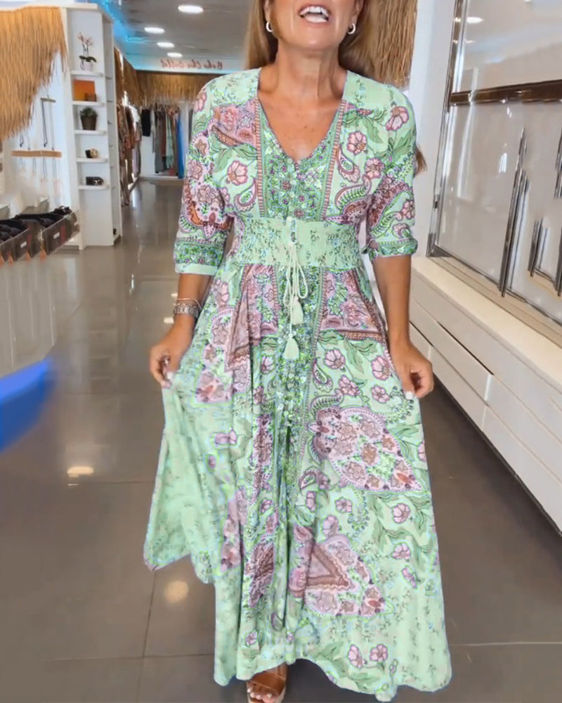 Arlena™ | V-Neck 3/4 Sleeve Vacation Dress