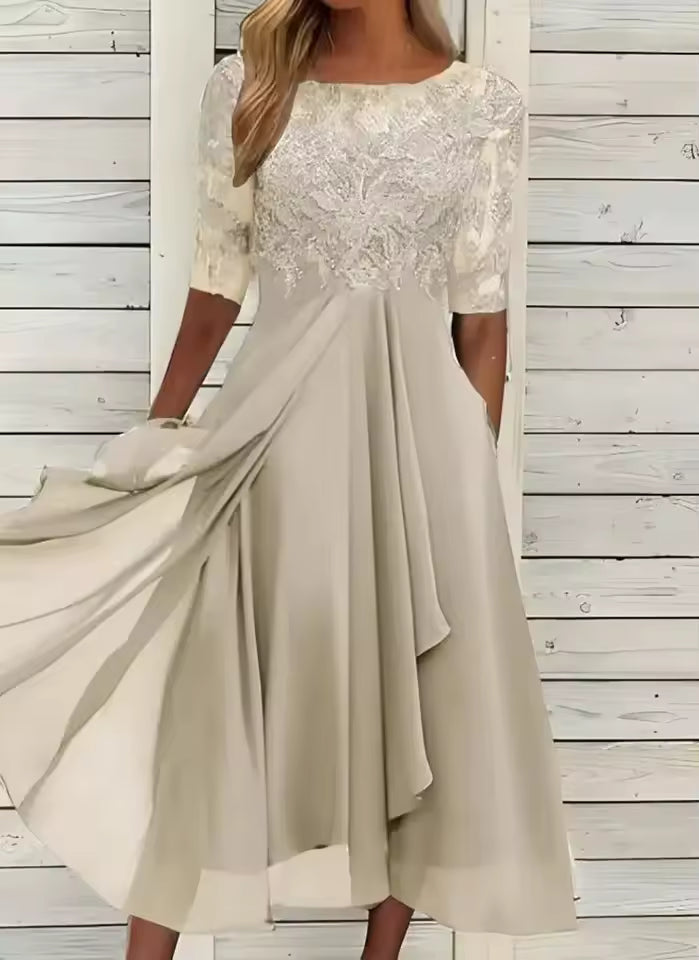 Ellis™ – Timeless Lace & Chiffon Midi Dress