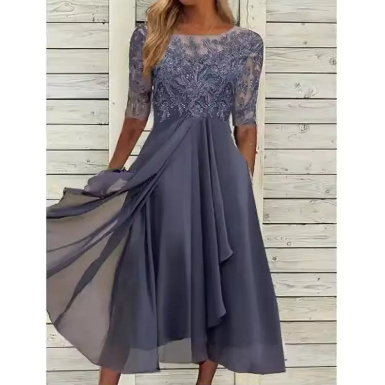 Ellis™ – Timeless Lace & Chiffon Midi Dress