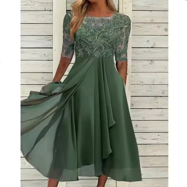 Ellis™ – Timeless Lace & Chiffon Midi Dress