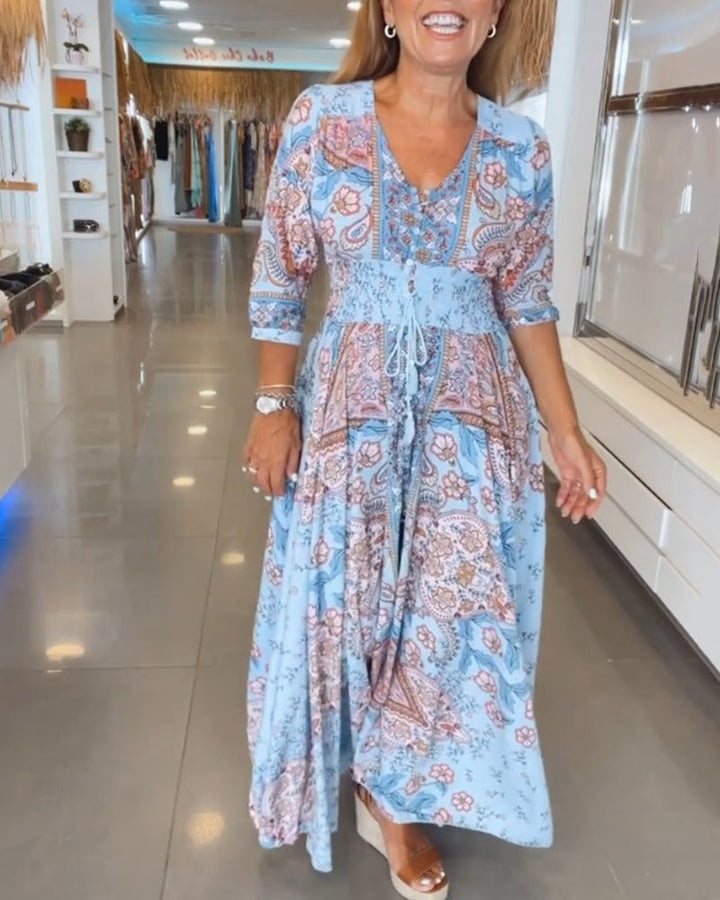Arlena™ | V-Neck 3/4 Sleeve Vacation Dress