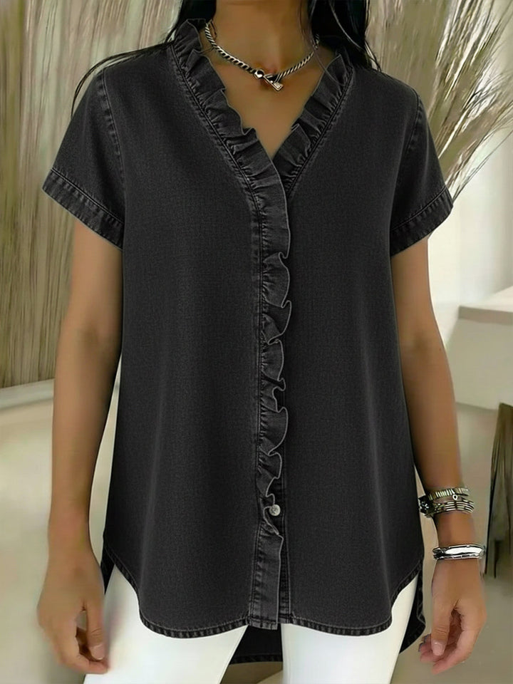 Casual Short-sleeved Denim Shirt With Ruffled Details.