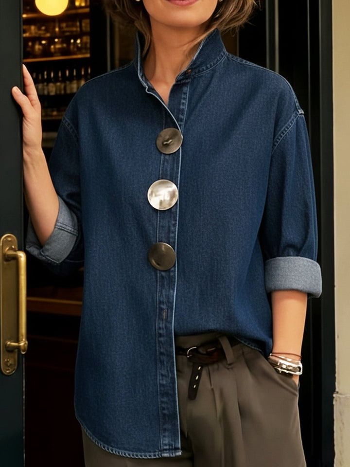 Stylish Stand-collar Metal Button Denim Shirt